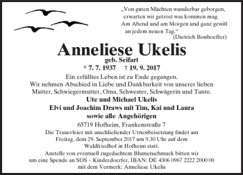Traueranzeige von Anneliese Ukelis von Trauerportal Rhein Main Presse