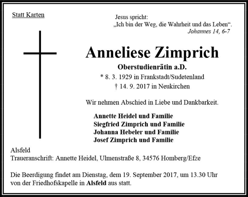  Traueranzeige für Anneliese Zimprich vom 16.09.2017 aus VRM Trauer