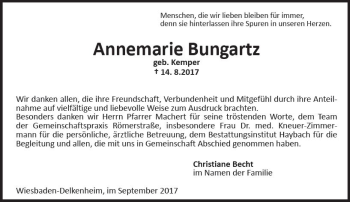 Traueranzeige von Annemarie Bungartz von Trauerportal Rhein Main Presse