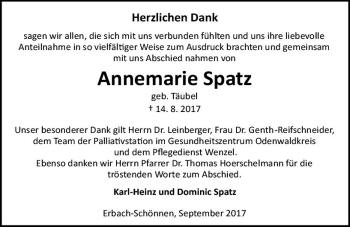 Traueranzeige von Annemarie Spatz von Trauerportal Echo Online