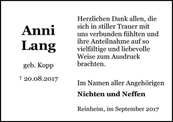 Traueranzeige von Anni Lang von Trauerportal Echo Online