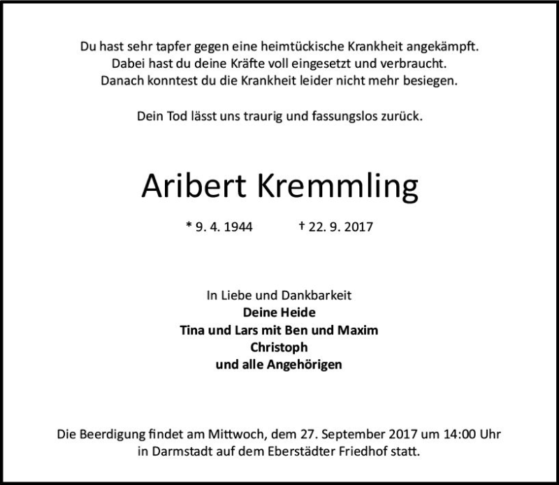  Traueranzeige für Aribert Kremmling vom 25.09.2017 aus Trauerportal Echo Online
