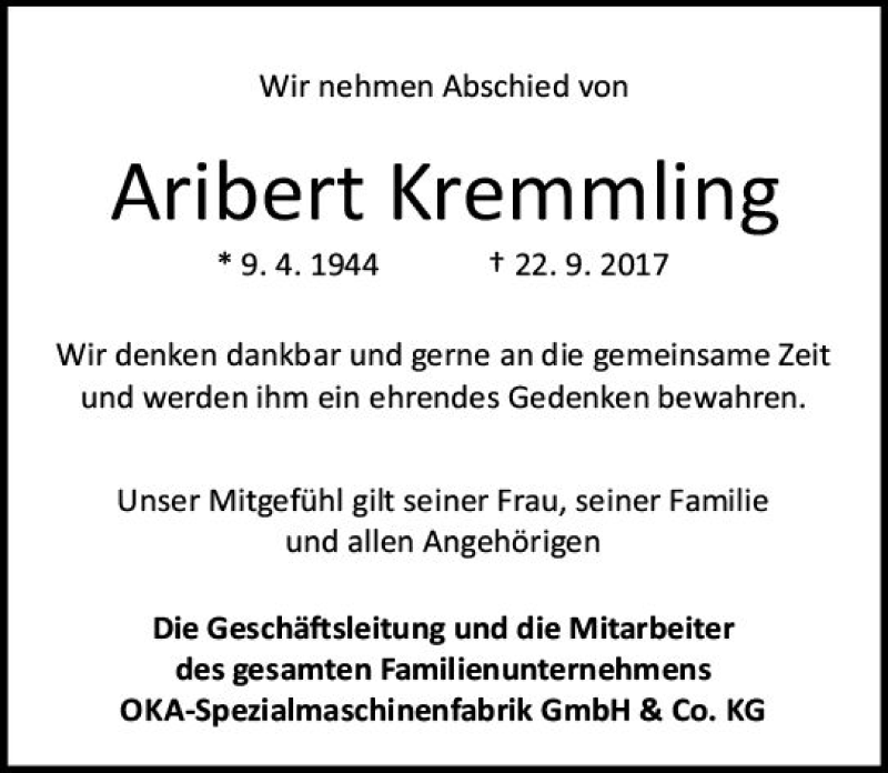  Traueranzeige für Aribert Kremmling vom 25.09.2017 aus Trauerportal Echo Online