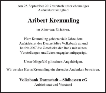 Traueranzeige von Aribert Kremmling von Trauerportal Echo Online