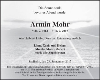 Traueranzeige von Armin Mohr von Trauerportal Rhein Main Presse