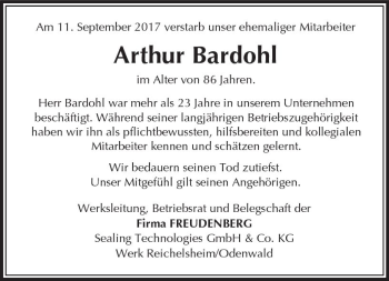 Traueranzeige von Arthur Bardohl von Trauerportal Echo Online