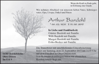 Traueranzeige von Arthur Bardohl von Trauerportal Echo Online