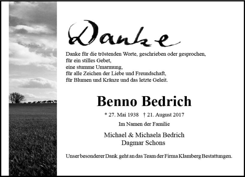  Traueranzeige für Benno Bedrich vom 23.09.2017 aus Trauerportal Rhein Main Presse