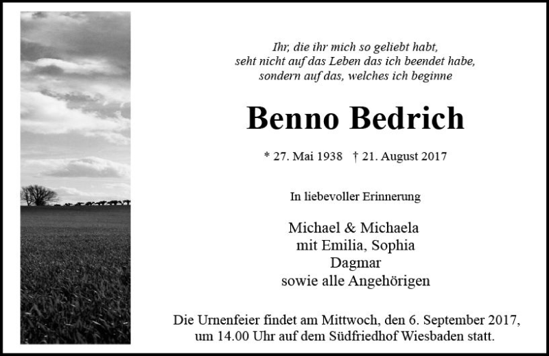  Traueranzeige für Benno Bedrich vom 02.09.2017 aus Trauerportal Rhein Main Presse