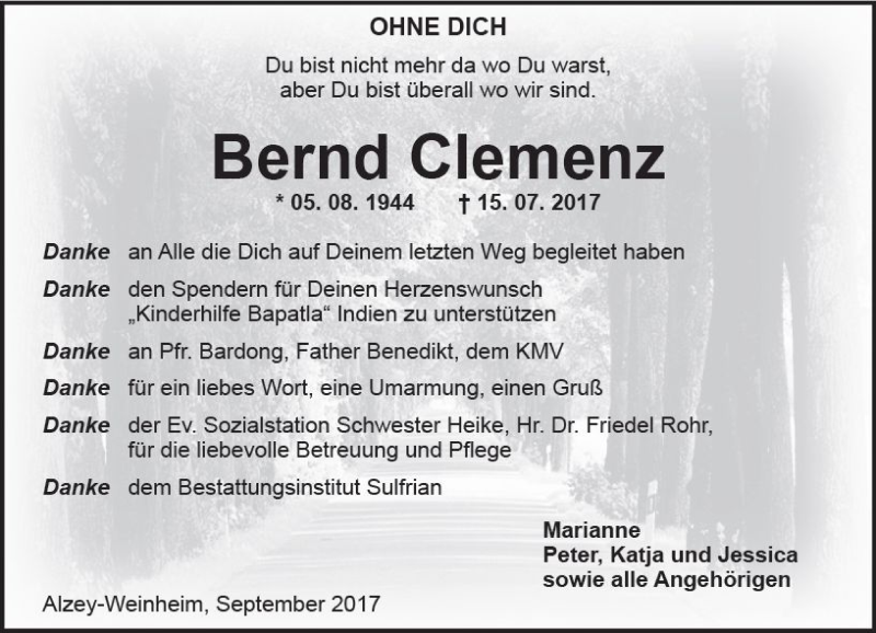  Traueranzeige für Bernd Clemenz vom 09.09.2017 aus Trauerportal Rhein Main Presse