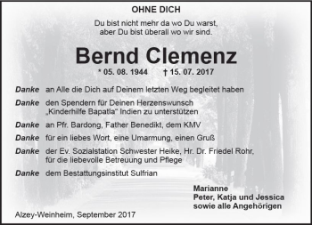 Traueranzeige von Bernd Clemenz von Trauerportal Rhein Main Presse