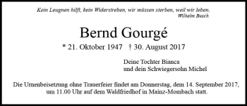 Traueranzeige von Bernd Gourge von Trauerportal Rhein Main Presse
