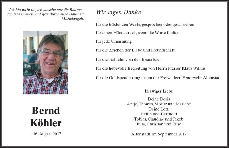  Traueranzeige für Bernd Köhler vom 09.09.2017 aus  Kreisanzeiger