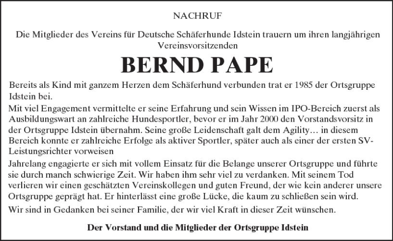 Traueranzeige für Bernd Pape vom 15.09.2017 aus Trauerportal Rhein Main Presse