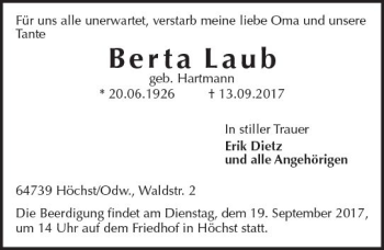 Traueranzeige von Berta Laub von Trauerportal Echo Online