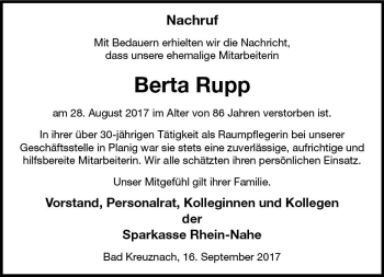 Traueranzeige von Berta Rupp von Trauerportal Rhein Main Presse