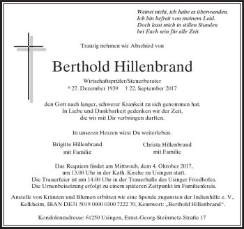 Traueranzeige von Berthold Hillenbrand von  Usinger Anzeiger
