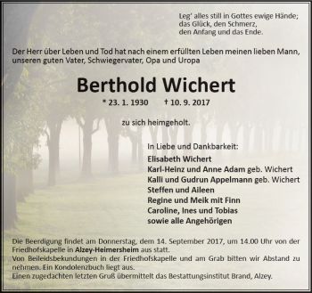 Traueranzeige von Berthold Wichert von Trauerportal Rhein Main Presse