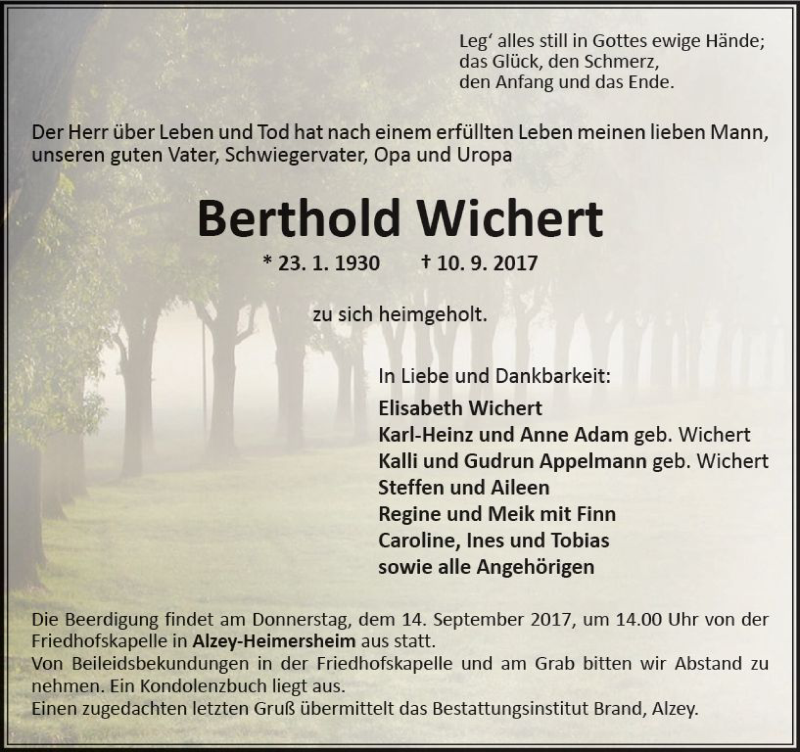 Traueranzeige für Berthold Wichert vom 12.09.2017 aus Trauerportal Rhein Main Presse