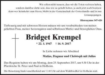 Traueranzeige von Bridget Krempel von Trauerportal Rhein Main Presse