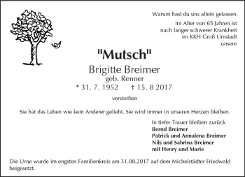 Traueranzeige von Brigitte Breimer von Trauerportal Echo Online