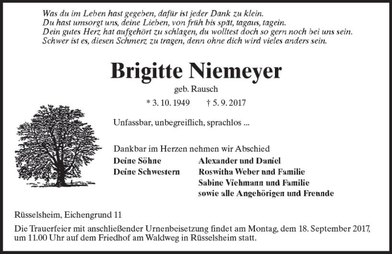  Traueranzeige für Brigitte Niemeyer vom 09.09.2017 aus Trauerportal Rhein Main Presse
