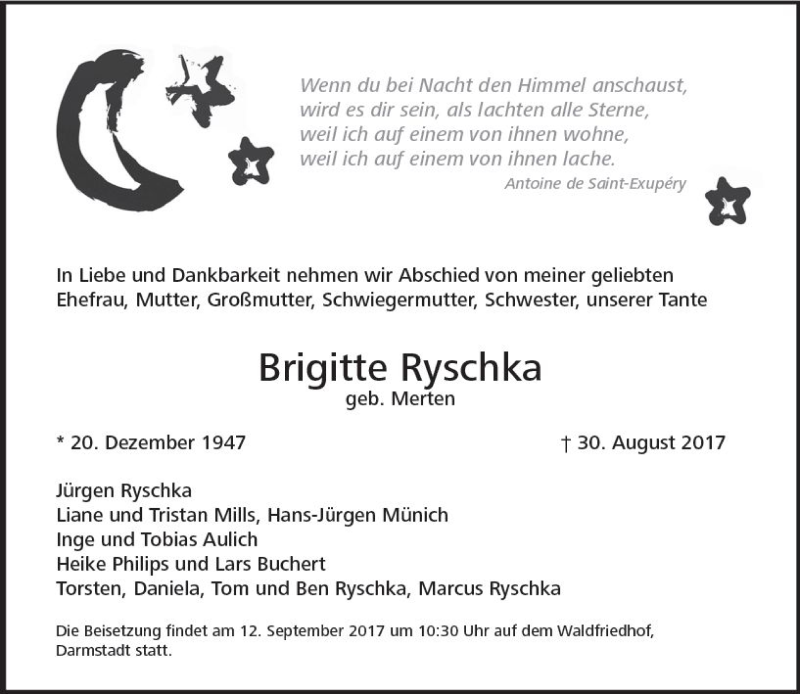  Traueranzeige für Brigitte Ryschka vom 09.09.2017 aus Trauerportal Echo Online