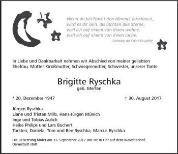 Traueranzeige von Brigitte Ryschka von Trauerportal Echo Online