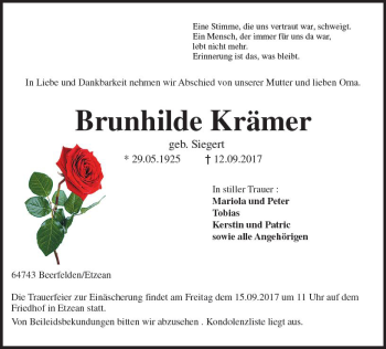 Traueranzeige von Brunhilde Krämer von Trauerportal Echo Online