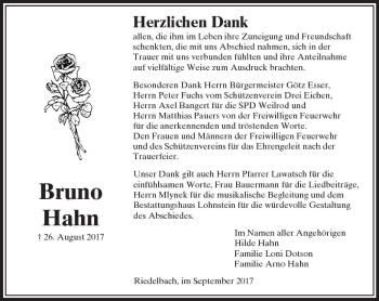 Traueranzeige von Bruno Hahn von  Usinger Anzeiger