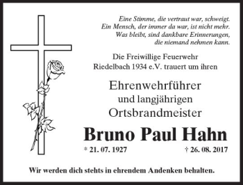 Traueranzeige von Bruno Paul Hahn von  Usinger Anzeiger