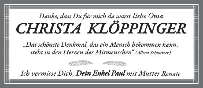  Traueranzeige für Christa Klöppinger vom 09.09.2017 aus Trauerportal Echo Online