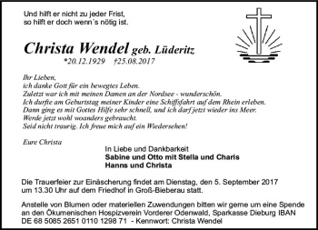 Traueranzeige von Christa Wendel von Trauerportal Echo Online