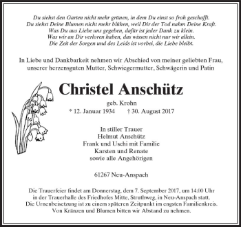 Traueranzeige von Christel Anschütz von  Usinger Anzeiger