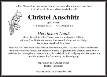 Traueranzeige von Christel Anschütz von  Usinger Anzeiger
