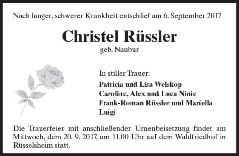  Traueranzeige für Christel Rüssler vom 16.09.2017 aus Trauerportal Rhein Main Presse