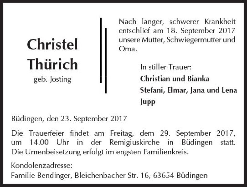  Traueranzeige für Christel Thürich vom 23.09.2017 aus  Kreisanzeiger