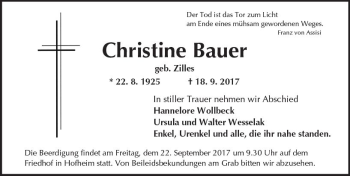 Traueranzeige von Christine Bauer von Trauerportal Echo Online