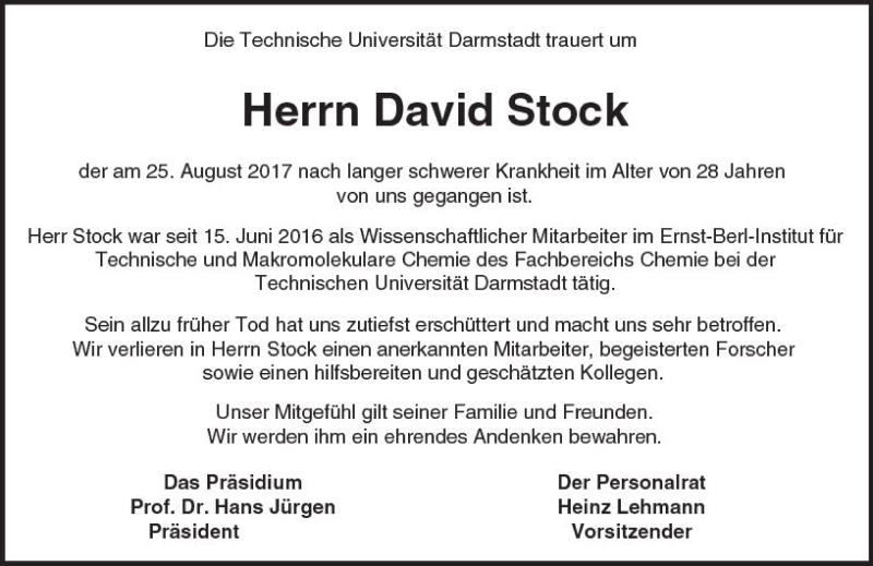  Traueranzeige für David Stock vom 02.09.2017 aus Trauerportal Echo Online