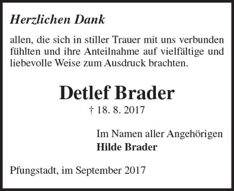  Traueranzeige für Detlef Brader vom 16.09.2017 aus Trauerportal Echo Online