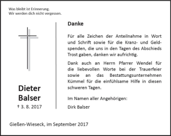 Traueranzeige von Dieter Balser von  Gießener Anzeiger