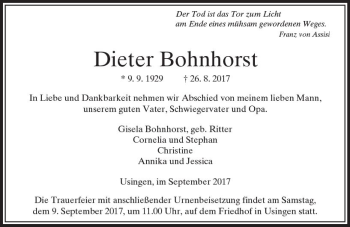 Traueranzeige von Dieter Bohnhorst von  Usinger Anzeiger