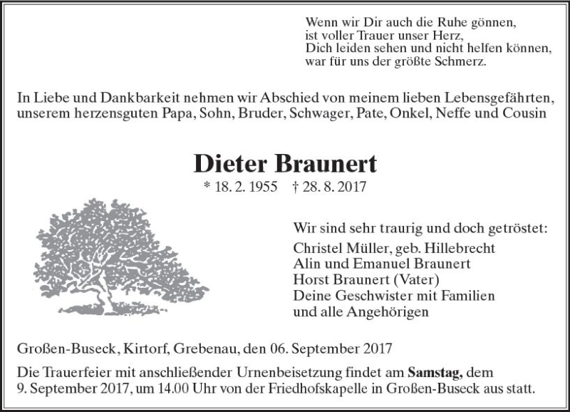  Traueranzeige für Dieter Braunert vom 06.09.2017 aus VRM Trauer