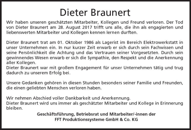  Traueranzeige für Dieter Braunert vom 09.09.2017 aus VRM Trauer