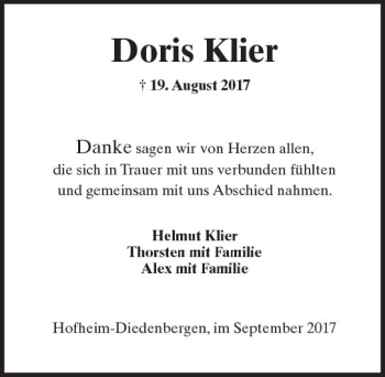 Traueranzeige von Doris Klier von Trauerportal Rhein Main Presse