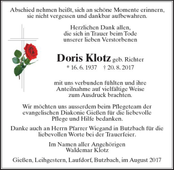 Traueranzeige von Doris Klotz von  Gießener Anzeiger