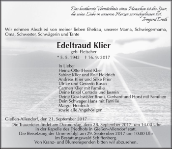 Traueranzeige von Edeltraud Klier von  Gießener Anzeiger