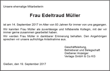 Traueranzeige von Edeltraud Müller von  Gießener Anzeiger