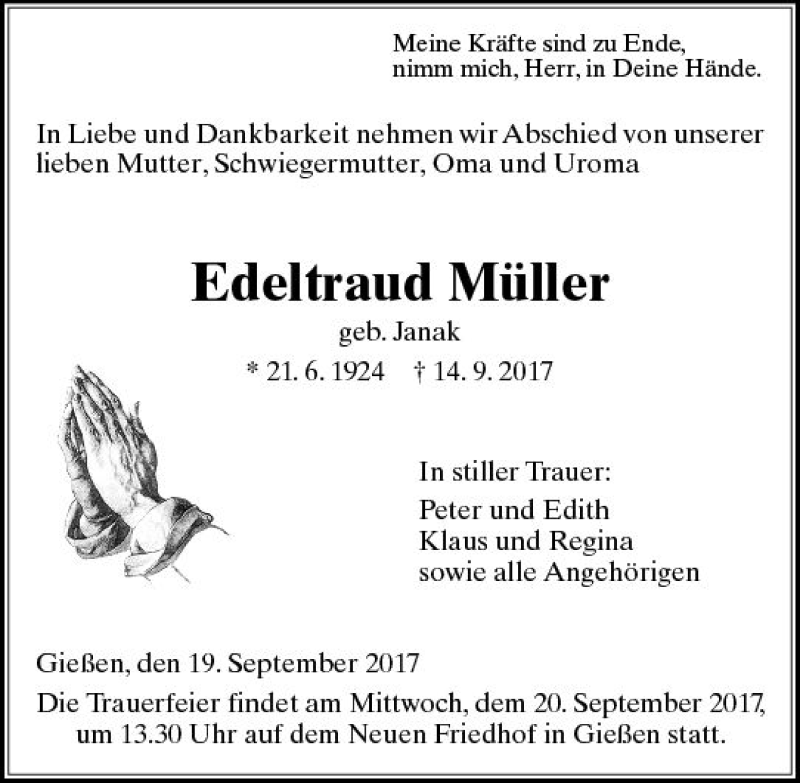  Traueranzeige für Edeltraud Müller vom 19.09.2017 aus  Gießener Anzeiger