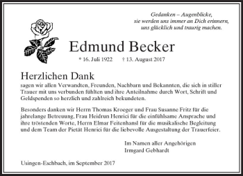 Traueranzeige von Edmund Becker von  Usinger Anzeiger